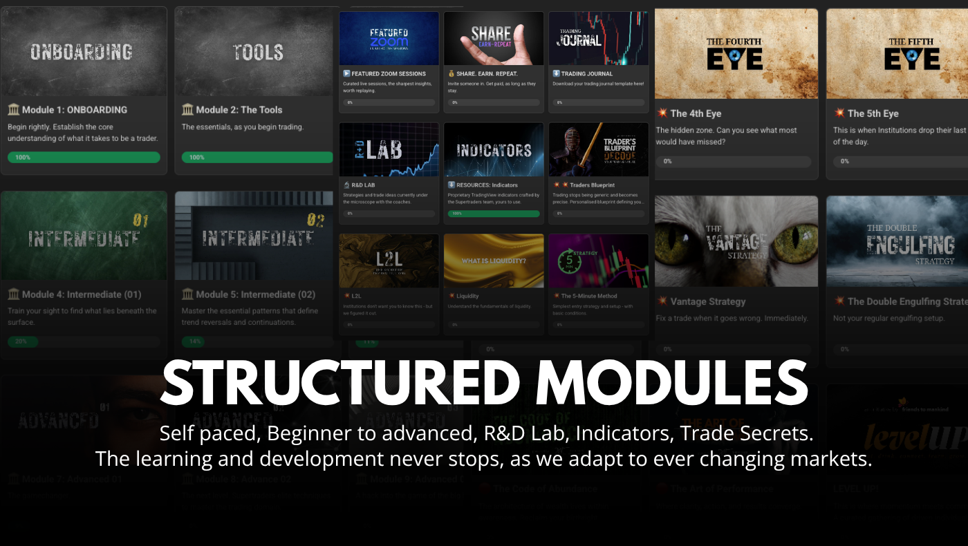Structured modules - self paced, beginner to advanced, R&D Lab, indicators, trade secrets